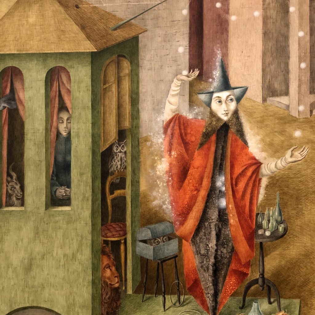 Detail of a painting by Remideio Varo showing a star-headed person draped in red and silver juggling glowing lights outside a green caravan